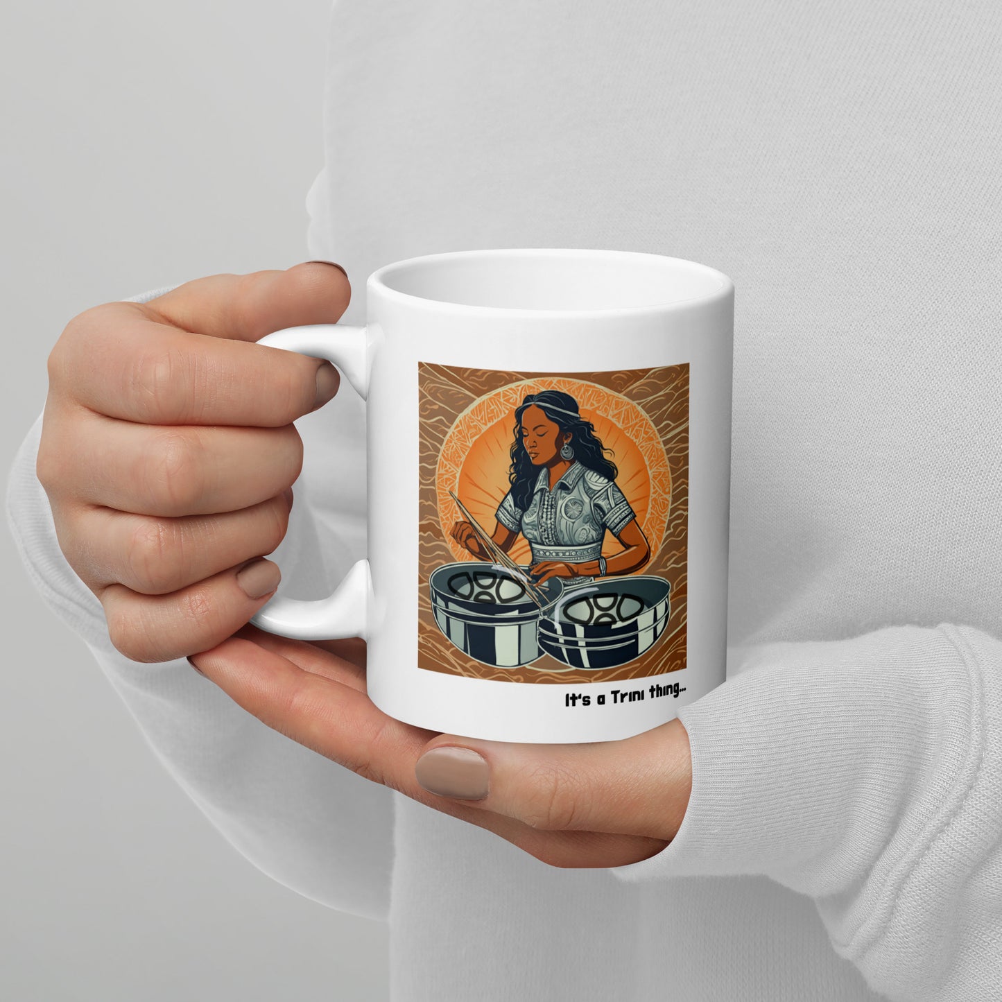 Young Black Woman Playing Pan White Glossy Mug