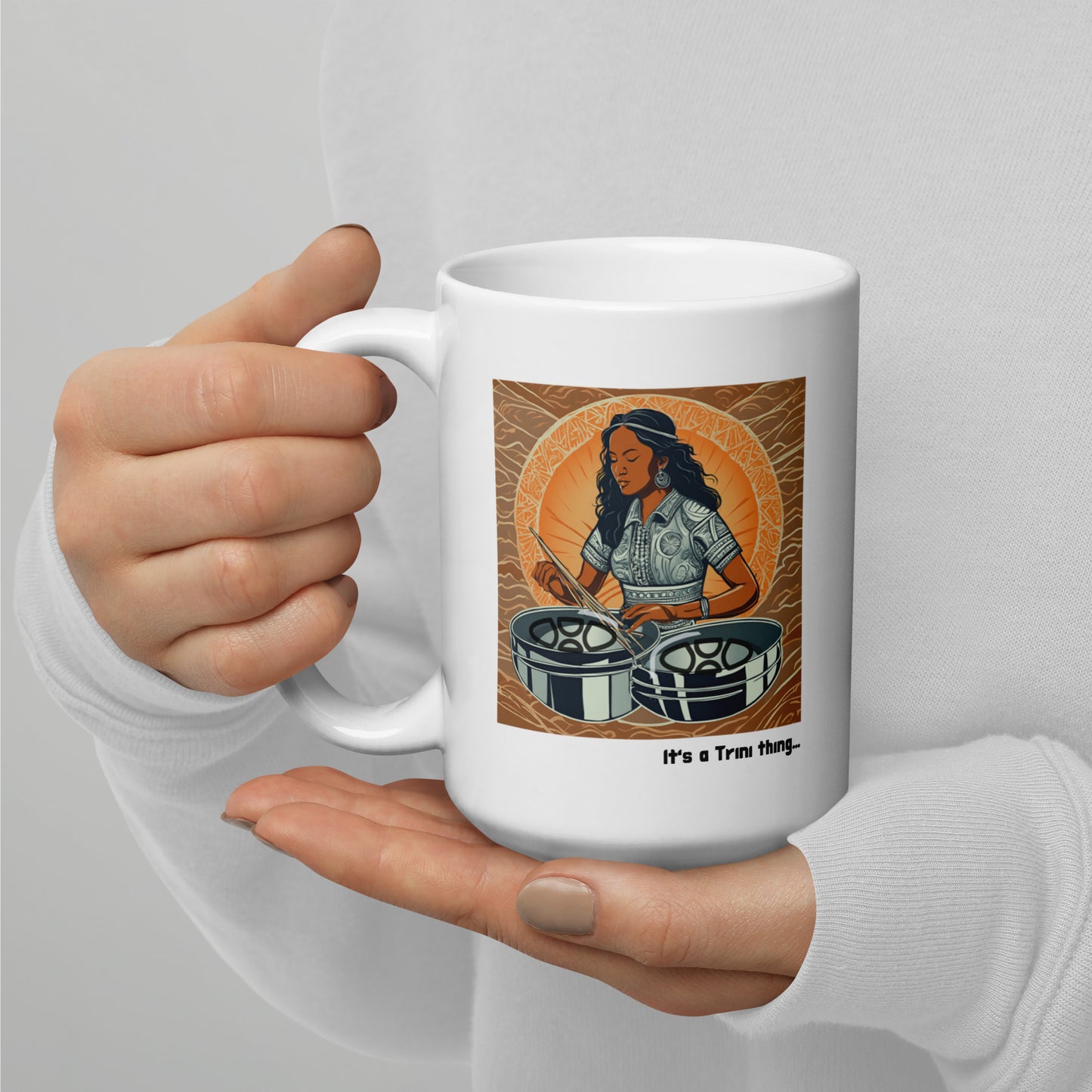 Young Black Woman Playing Pan White Glossy Mug