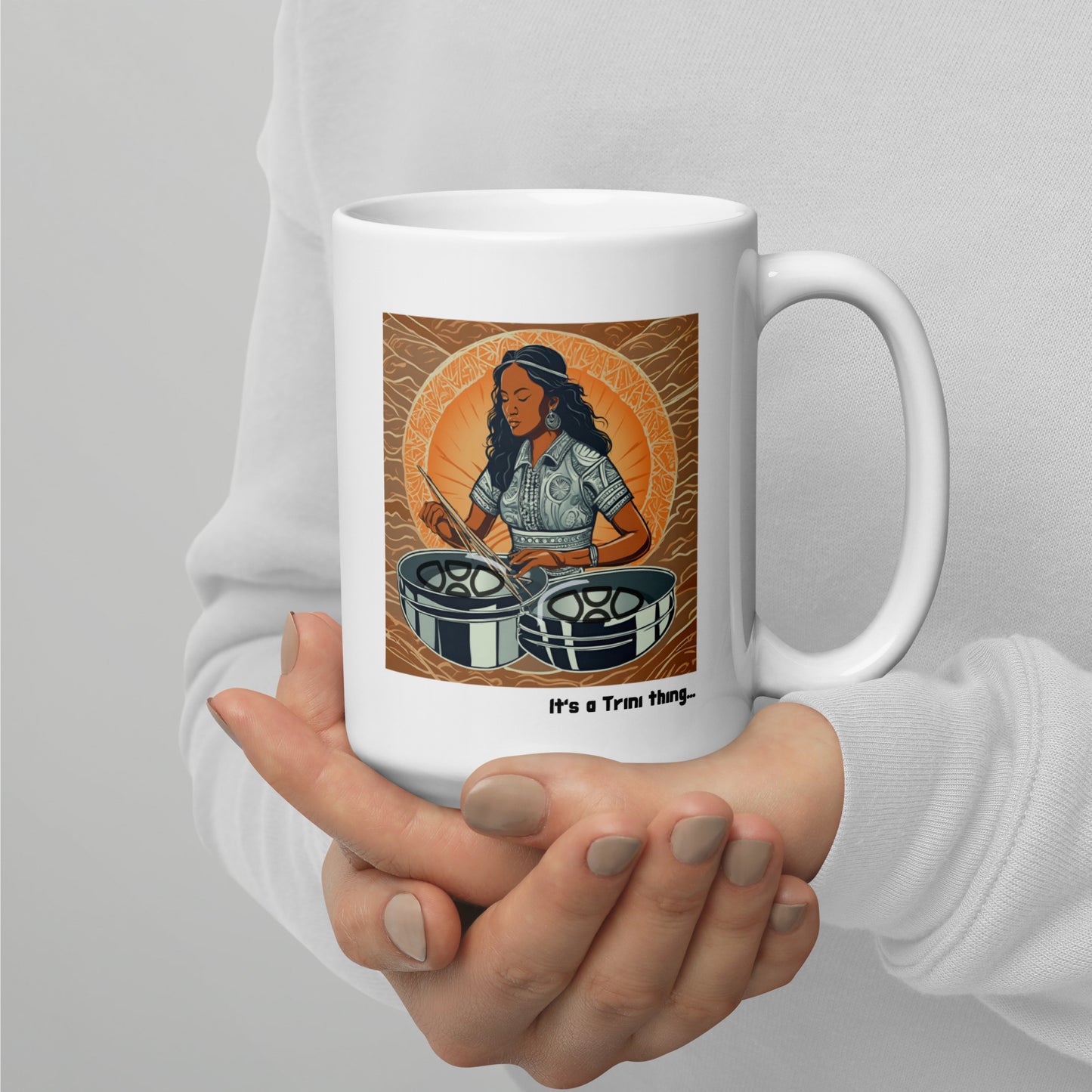 Young Black Woman Playing Pan White Glossy Mug