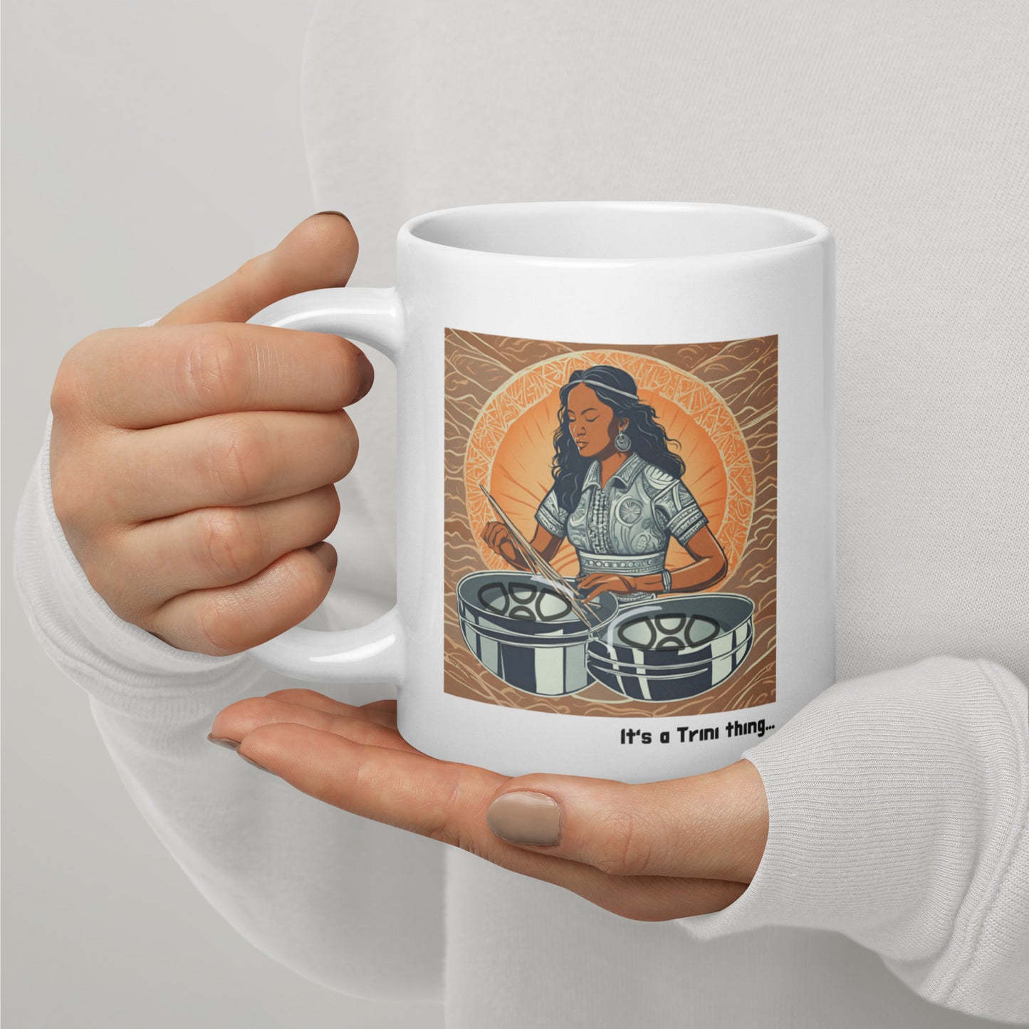 Young Black Woman Playing Pan White Glossy Mug