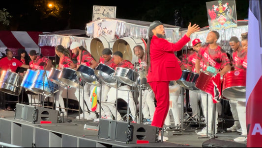 Pan Evolution Steel Orchestra performing on stage for NY Panorama