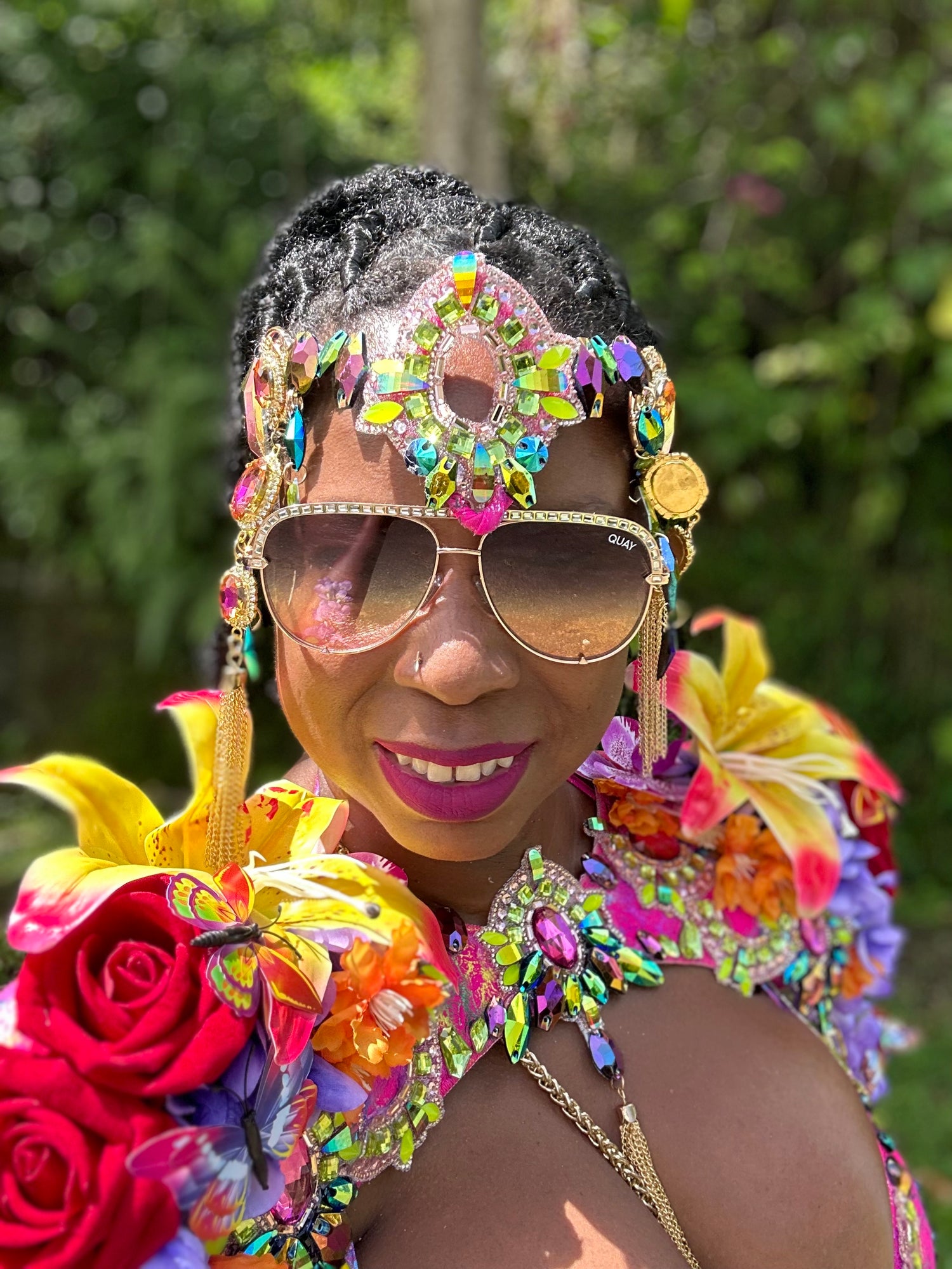 Headshot of woman in carnival costume