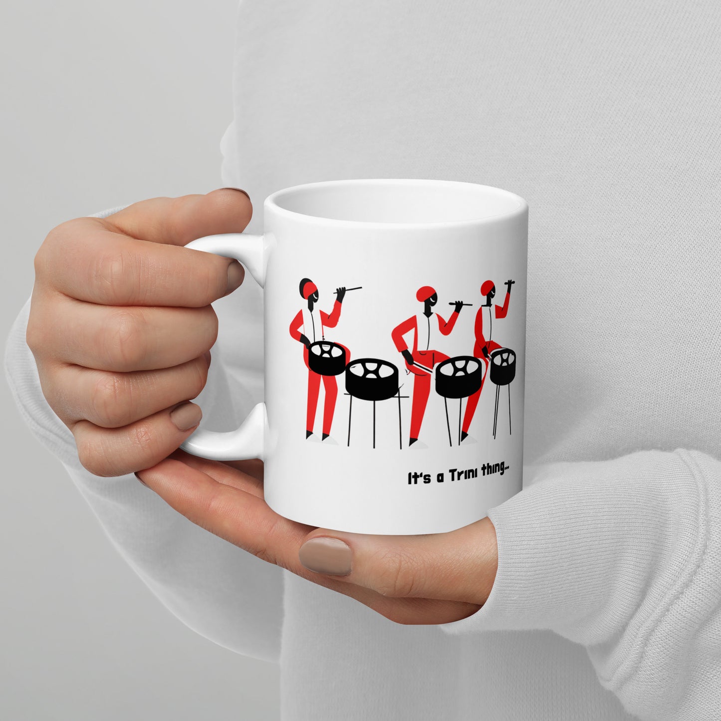 Three Men Playing Steelpan White Glossy Mug