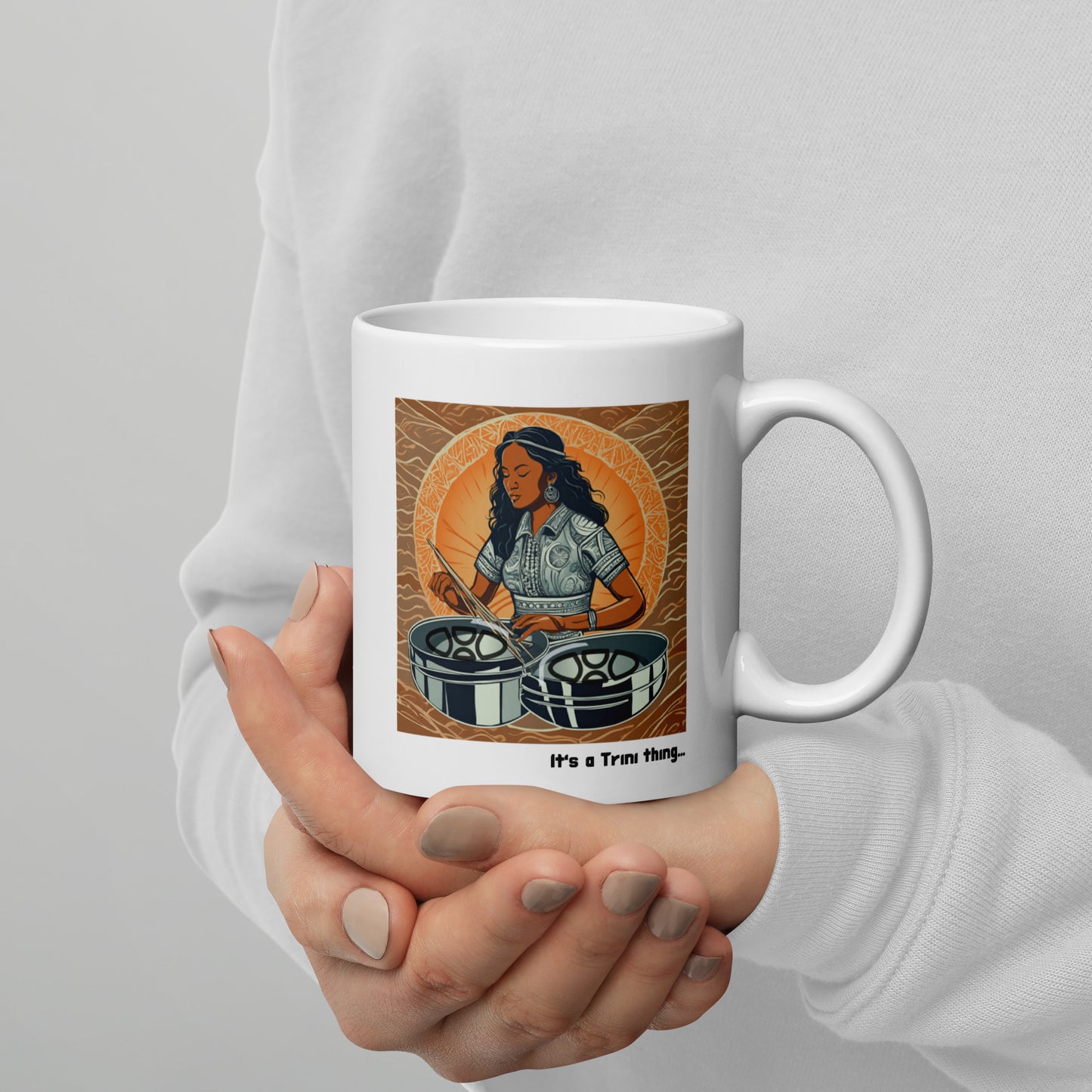 Young Black Woman Playing Pan White Glossy Mug