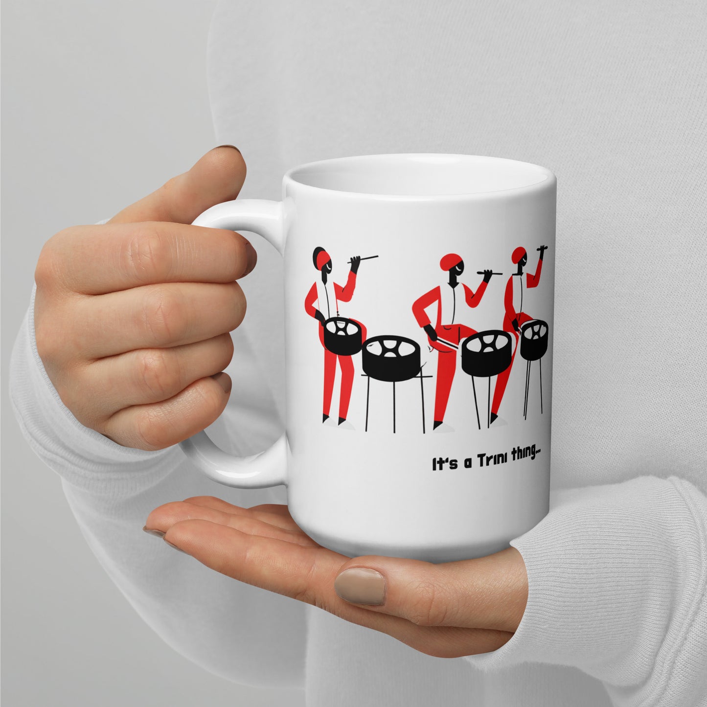 Three Men Playing Steelpan White Glossy Mug