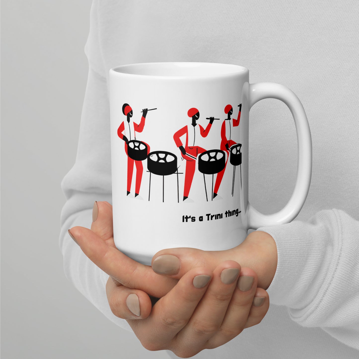 Three Men Playing Steelpan White Glossy Mug