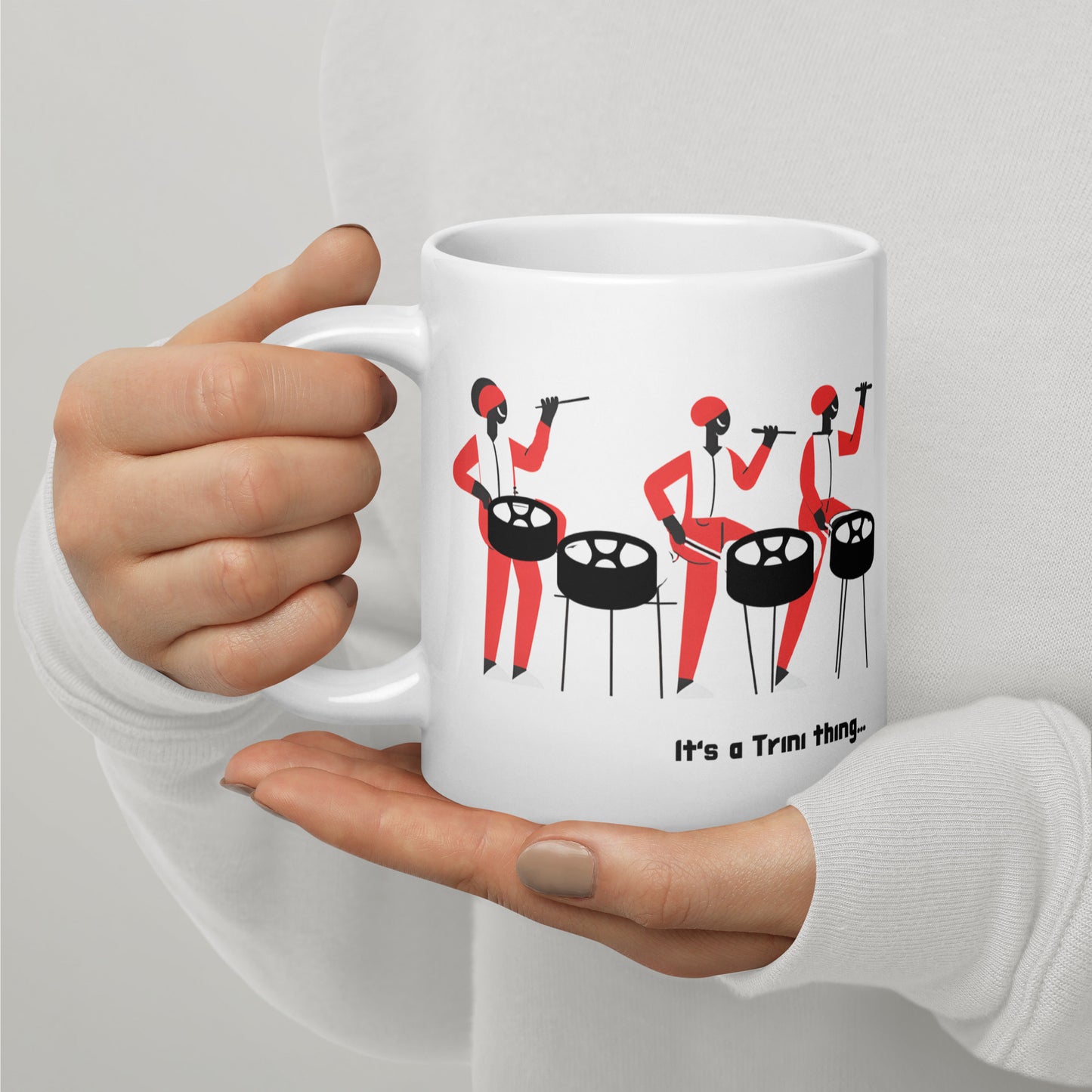 Three Men Playing Steelpan White Glossy Mug