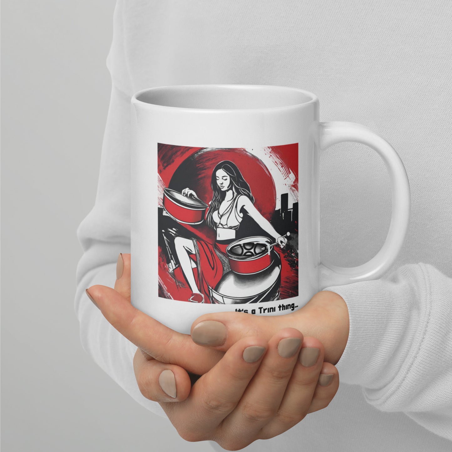 Young Woman Playing Steel Pan White Glossy Mug