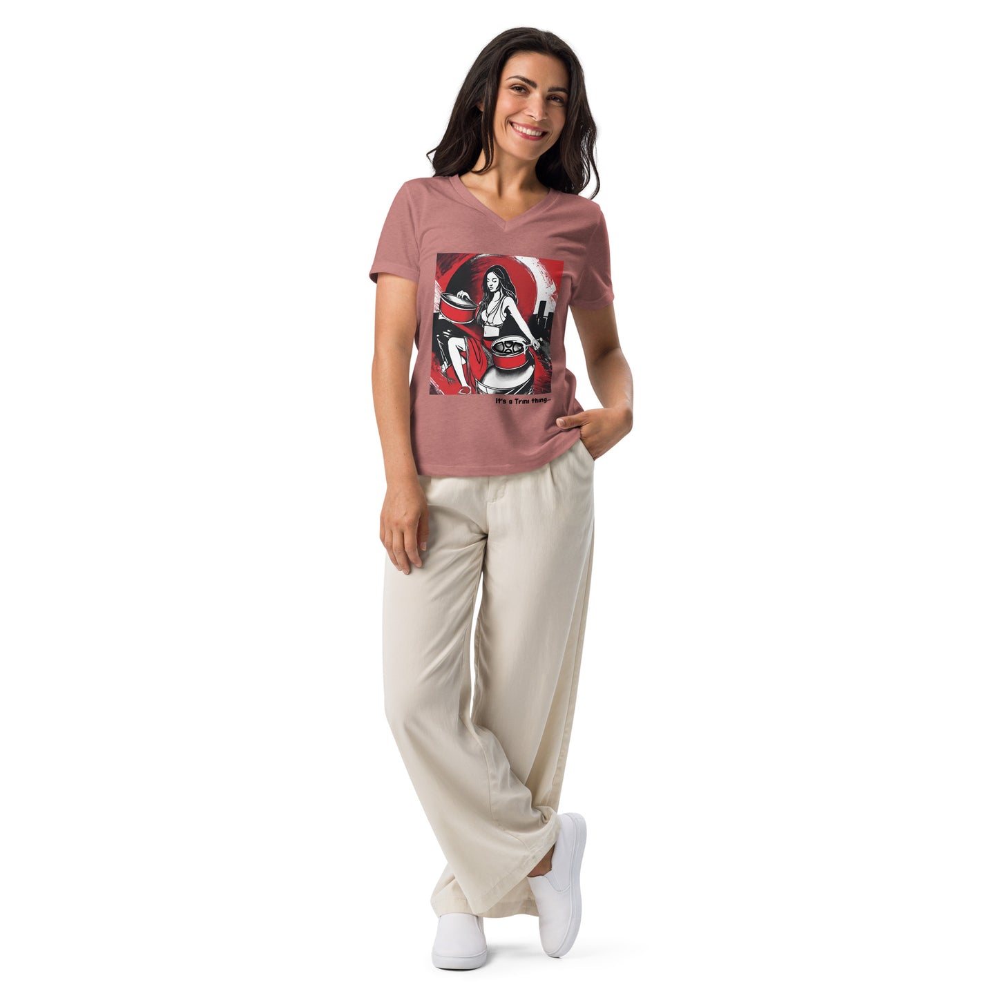 Young Woman Playing Steel Pan Women's Relaxed V-Neck T-Shirt