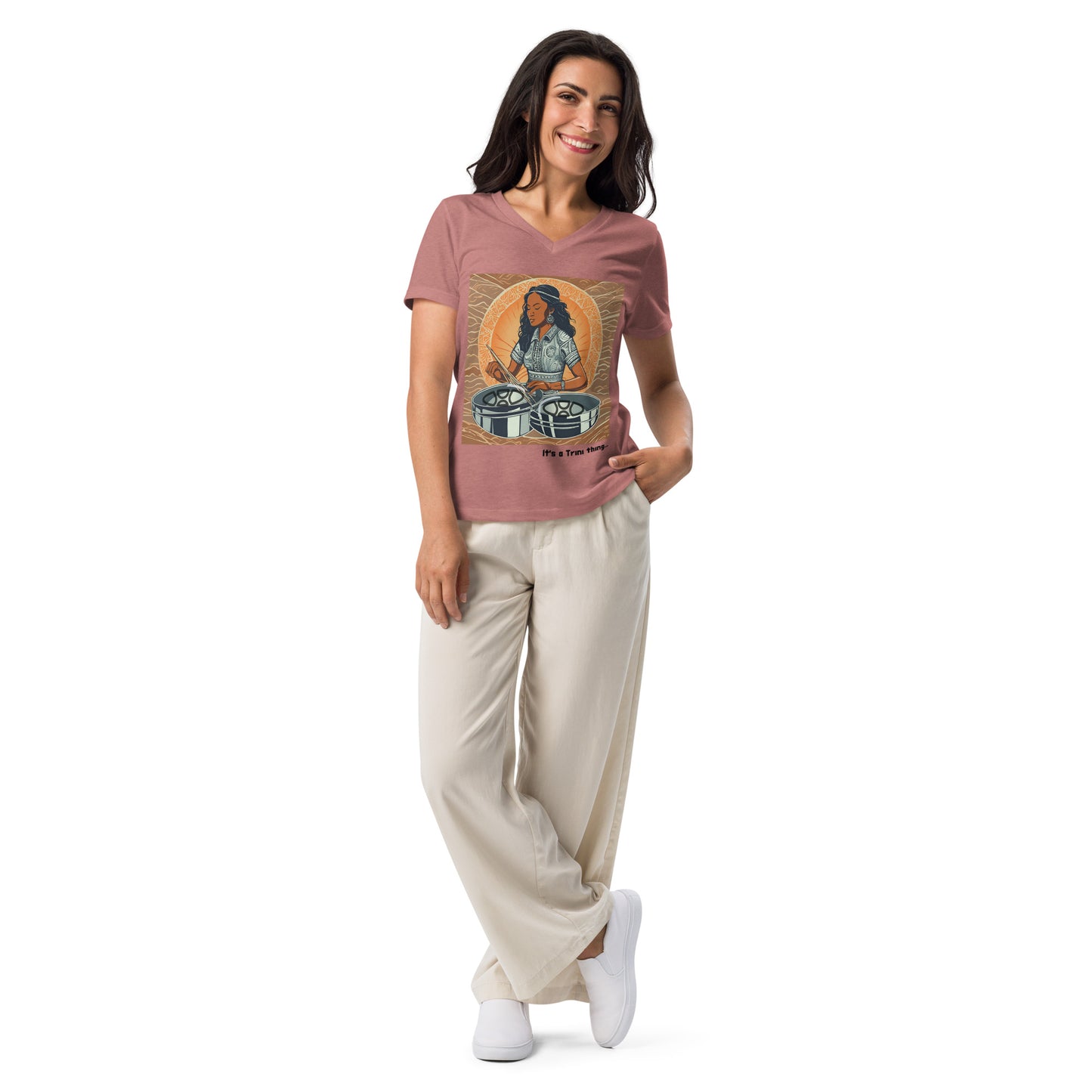 Young Black Woman Playing Pan Women's Relaxed V-Neck T-Shirt