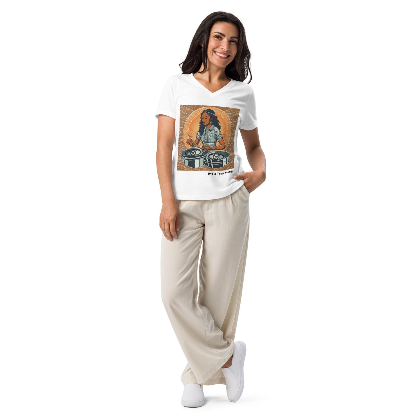 Young Black Woman Playing Pan Women's Relaxed V-Neck T-Shirt